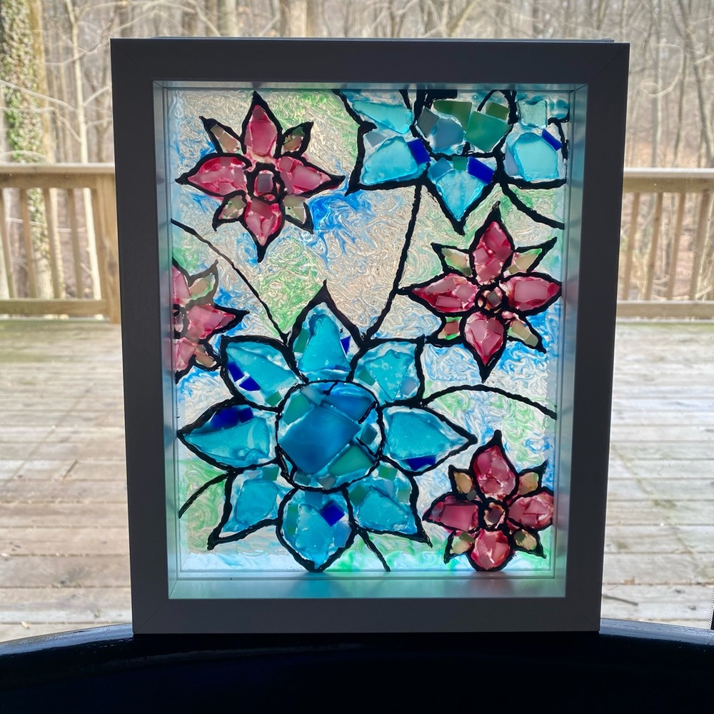 Handcrafted Multi Media Stained Glass and Paint Framed Window Art 11.5”X9”